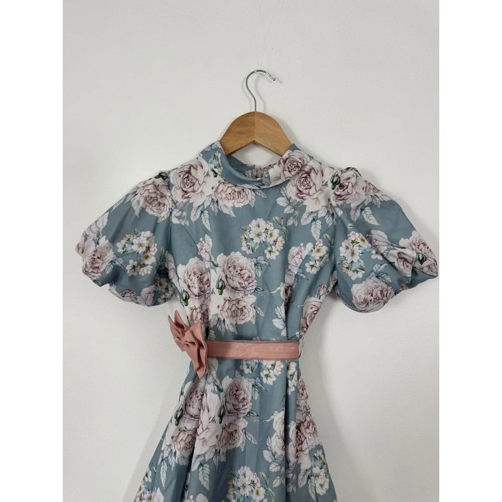 Peppermint Floral Dress Kids‎ Size 6-7Y Blue Pink Vintage Puff Sleeve Bow Sash